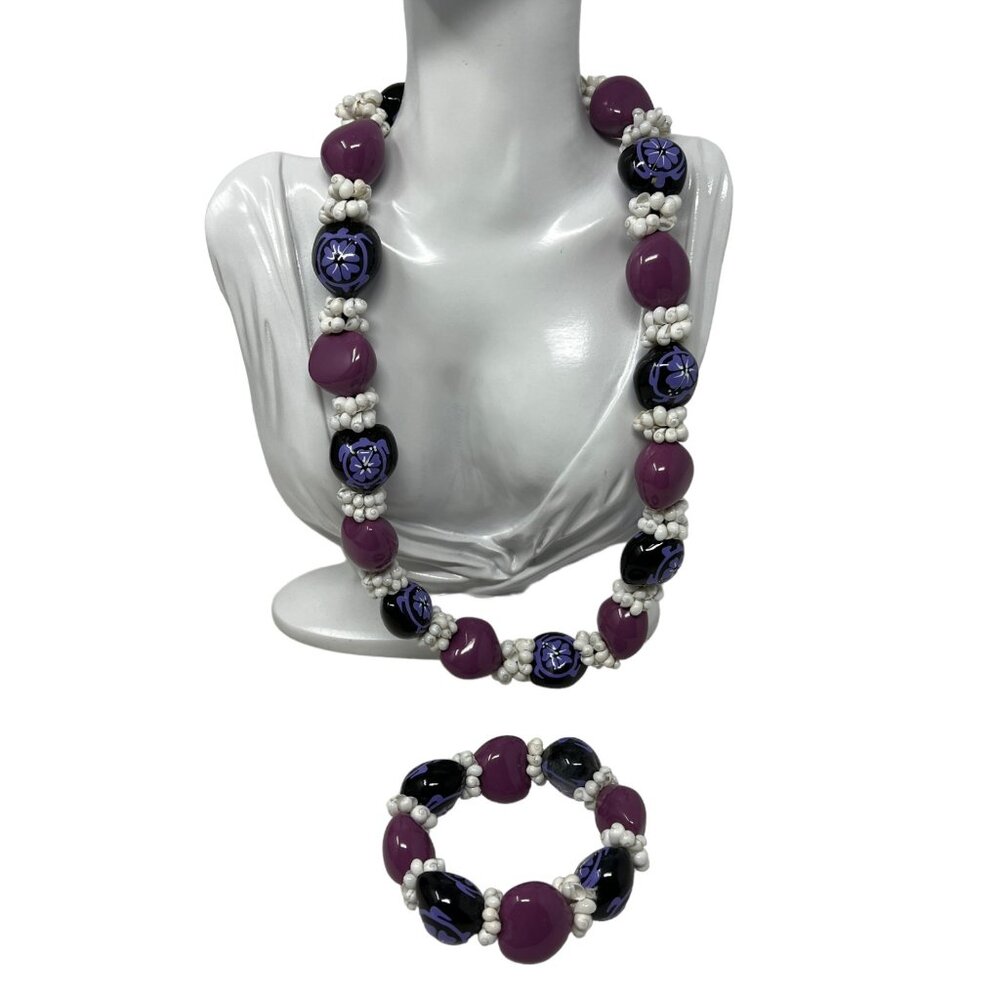 Hawaiian Necklace Bracelet Purple Turtles Hibiscus Flower Shell Handmade